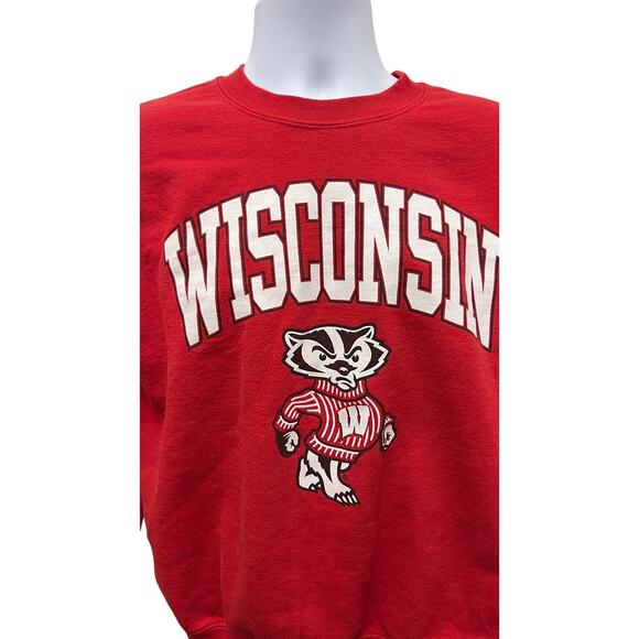 90s VTG UNIVERSITY OF WISCONSIN BADGERS RED ATHLETICS M Crew Neck NCAA - Picture 2 of 4